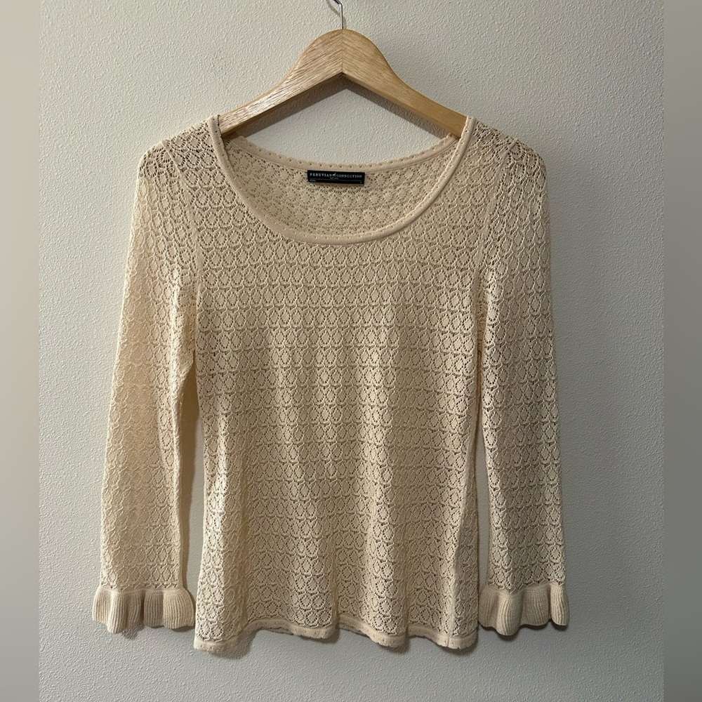 Peruvian connection 100% Pima cotton cream crochet knit sweater size small boho - Picture 2 of 7